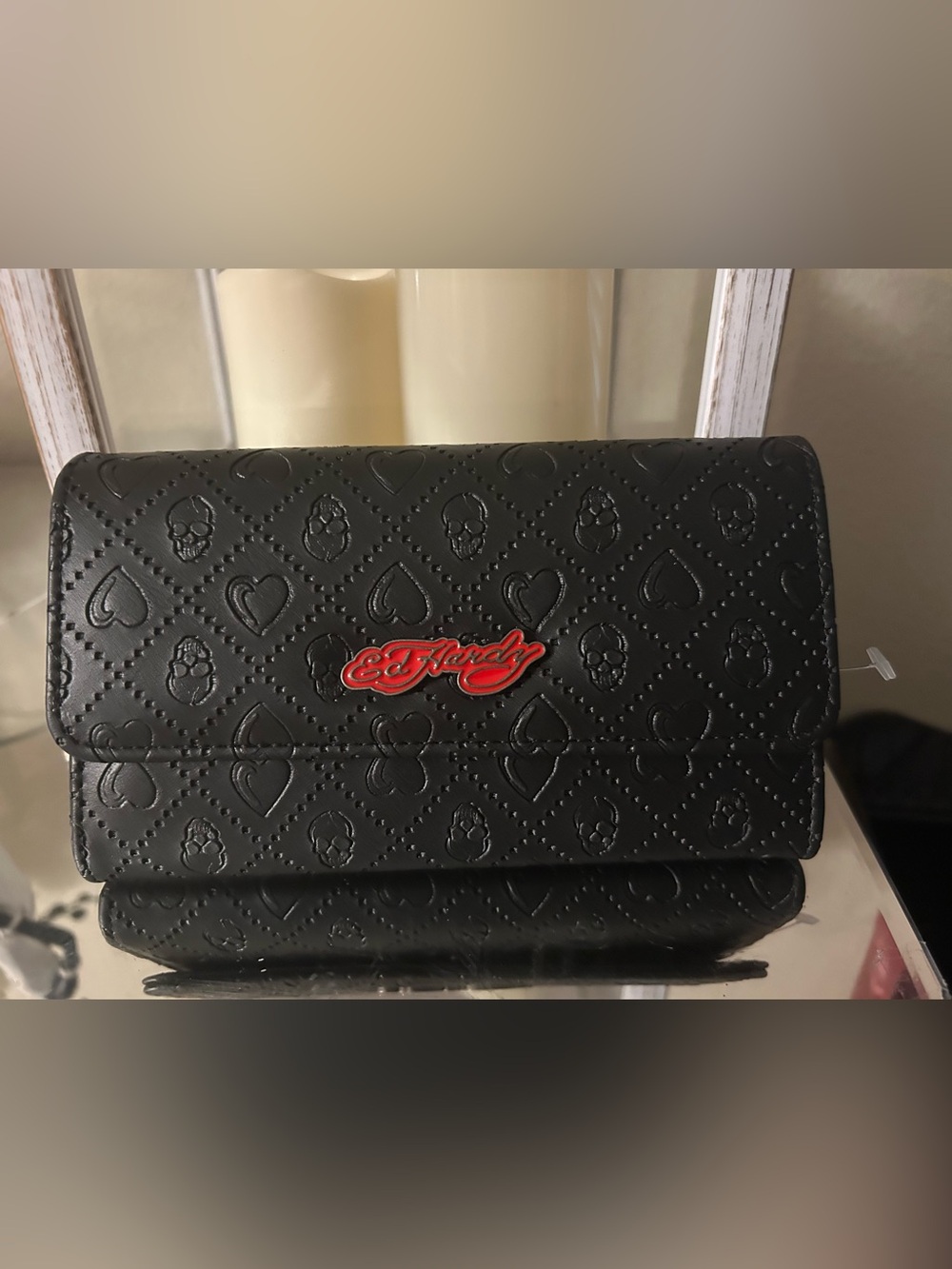 Ed Hardy Black embossed Wallet with Red Logo Plaque